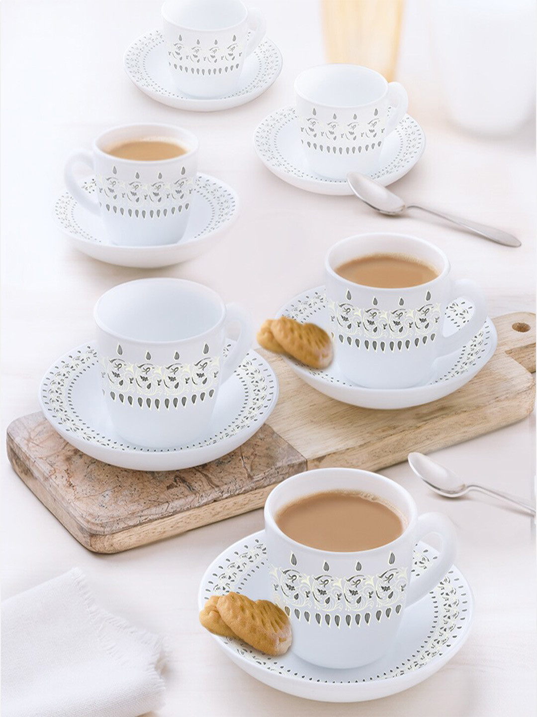 Larah by BOROSIL Ora White 12 Pieces Printed Opalware Glossy Cups and Saucers 140 ml Each