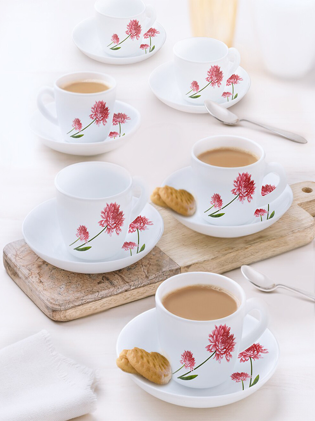 Larah by BOROSIL Belle White 12 Pieces Printed Opalware Matte Cups and Saucers 140 ml Each
