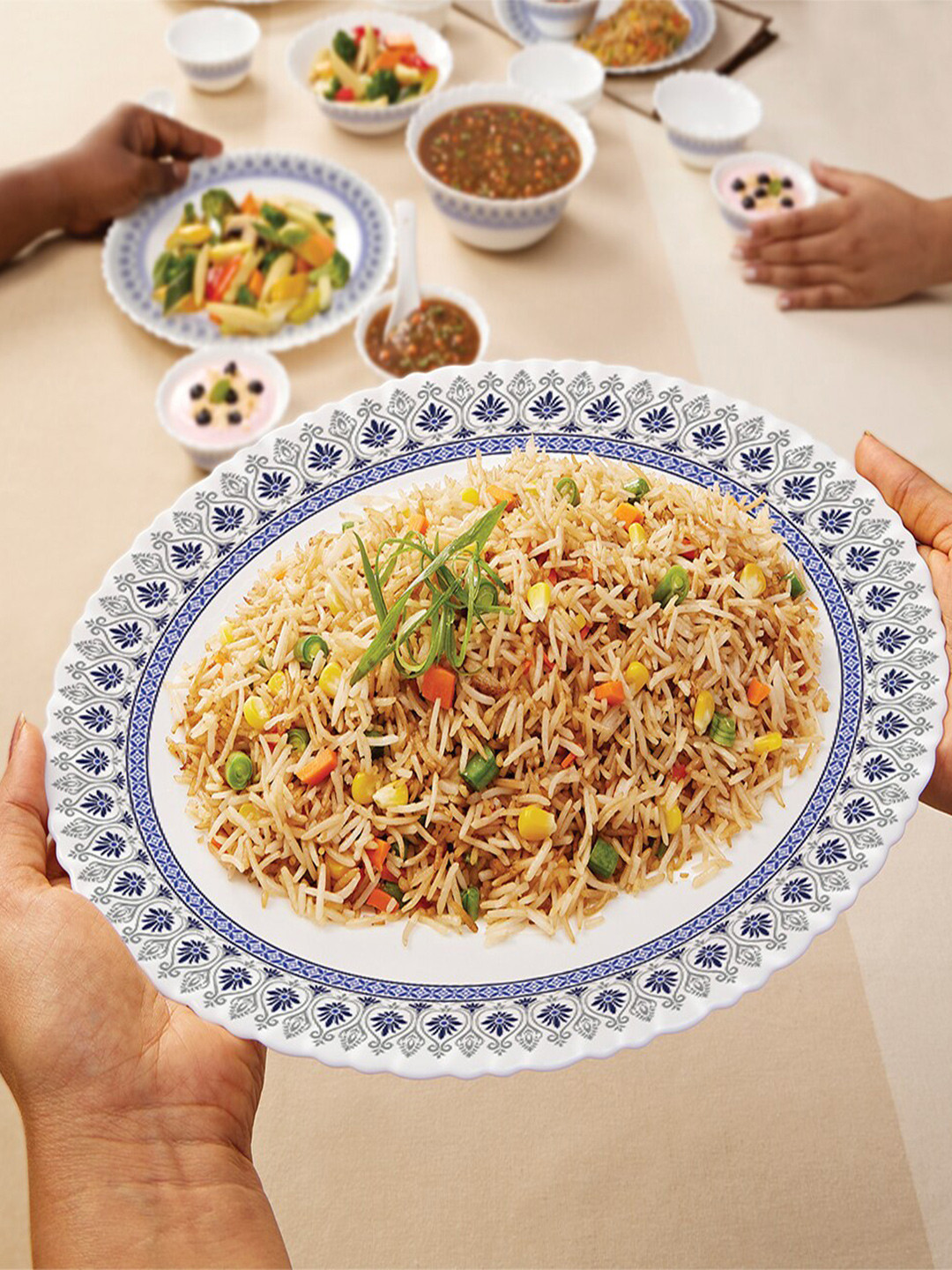 Larah by BOROSIL Fluted Ocean White Ethnic Motifs Opalware Microwave Safe 21 Piece Dinner Set