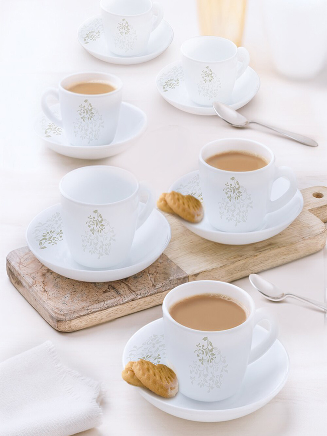 Larah by BOROSIL Ingot White 12 Pieces Floral Opalware Glossy Cups and Saucers 140 ml Each