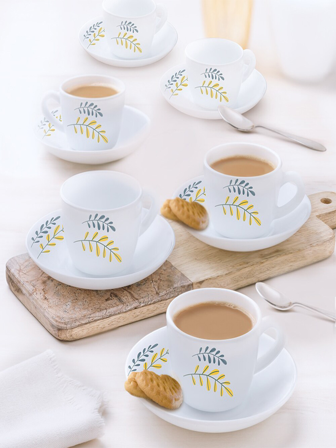 Larah by BOROSIL Niva White 12 Pieces Printed Opalware Glossy Cups and Saucers 140 ml Each