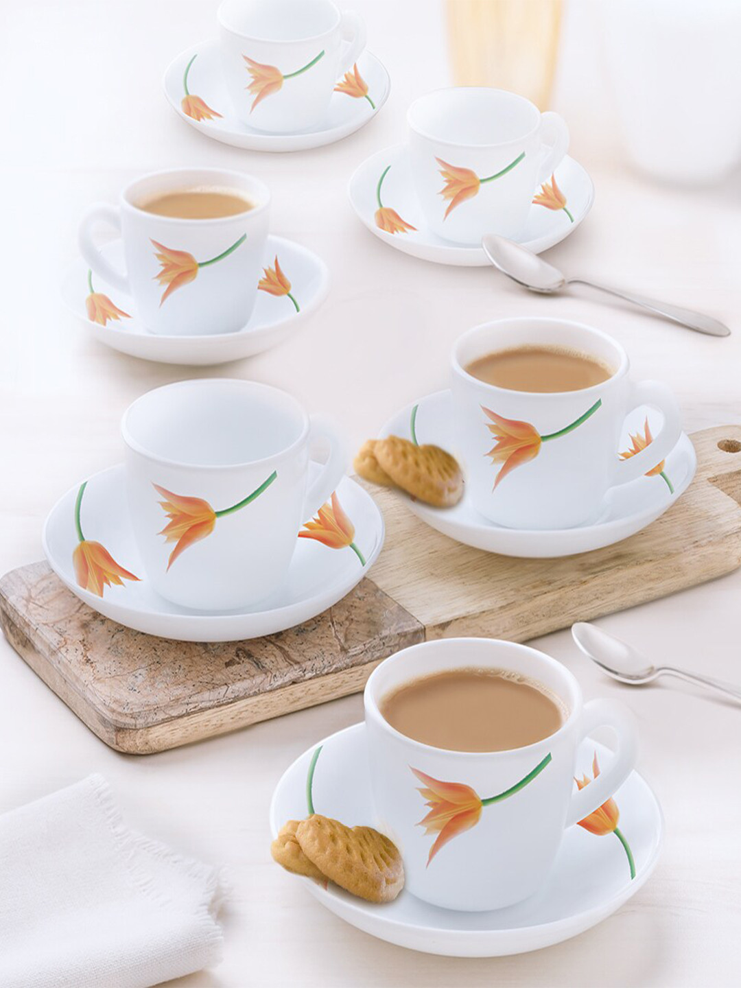 Larah by BOROSIL Firefly White 12 Pieces Printed Opalware Cups and Saucers 140 ml Each