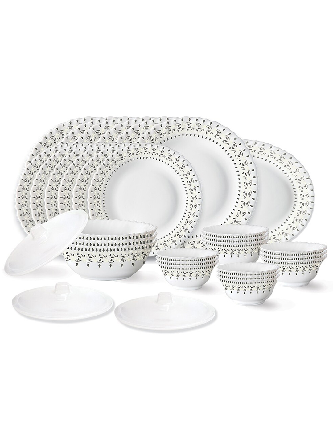 Larah by BOROSIL Fluted Ora White Leaf Opalware Microwave Safe 31 Piece Dinner Set