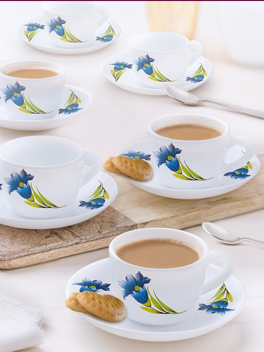 Larah by BOROSIL Nina White 12 Pieces Printed Opalware Glossy Cups and Saucers 140 ml Each