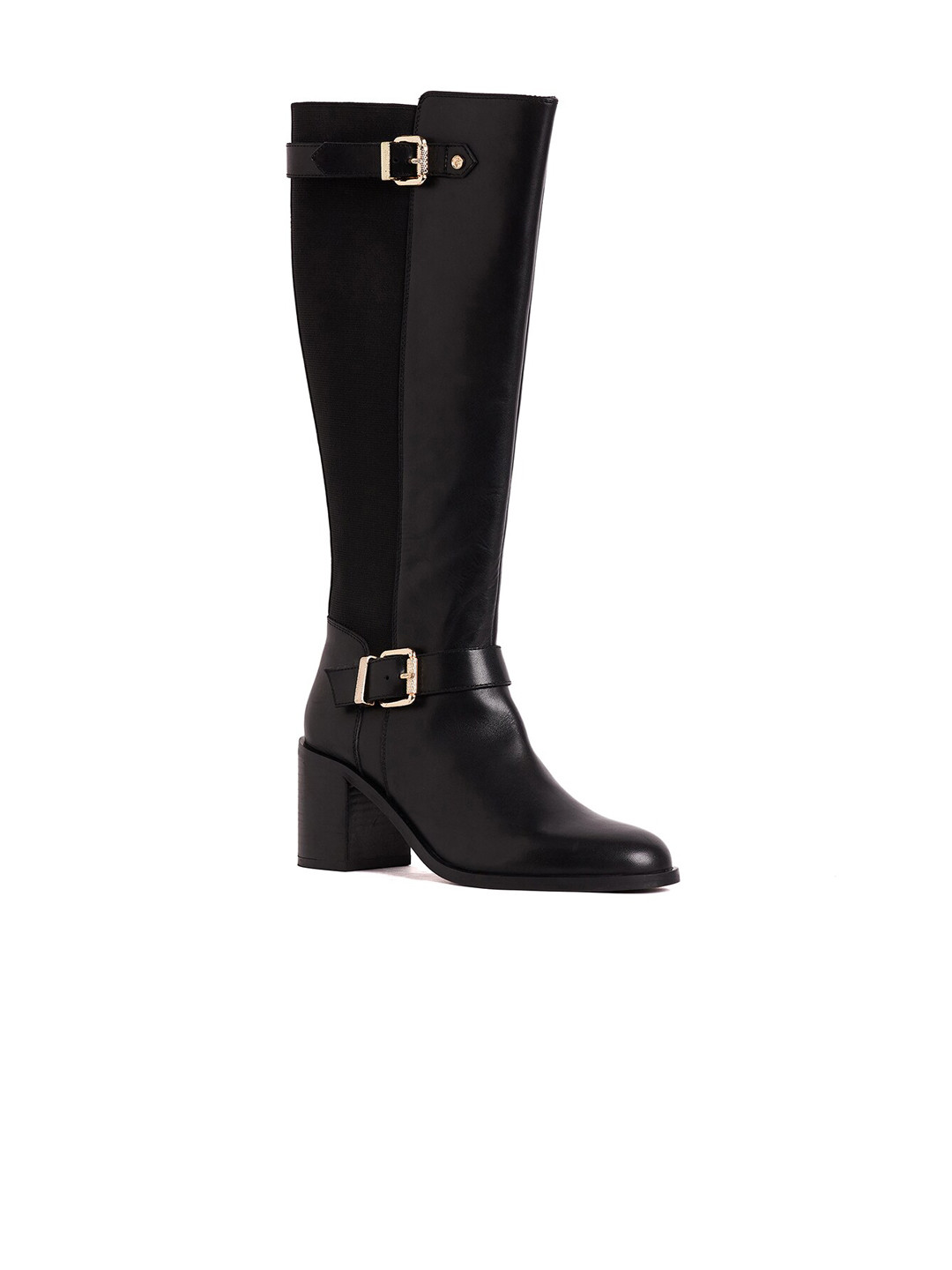 Peach Flores Women Hope High Top Leather Block-Heeled Regular Boots With Buckle