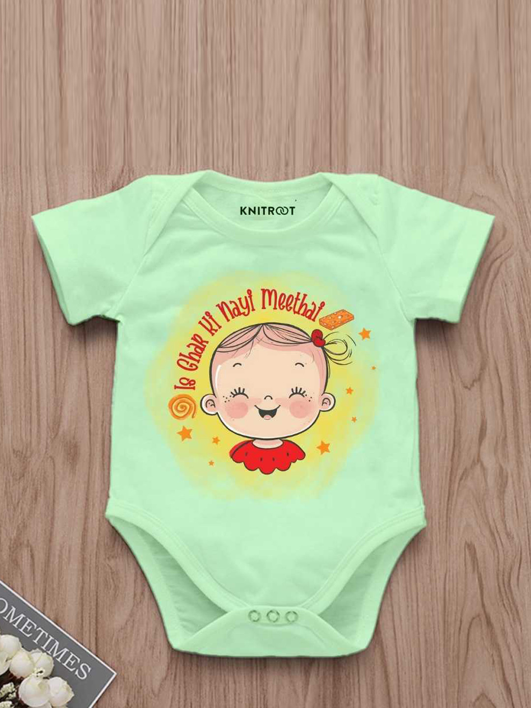 KNITROOT Infants Is Ghar Ki Nayi Meethai Printed Cotton Bodysuit