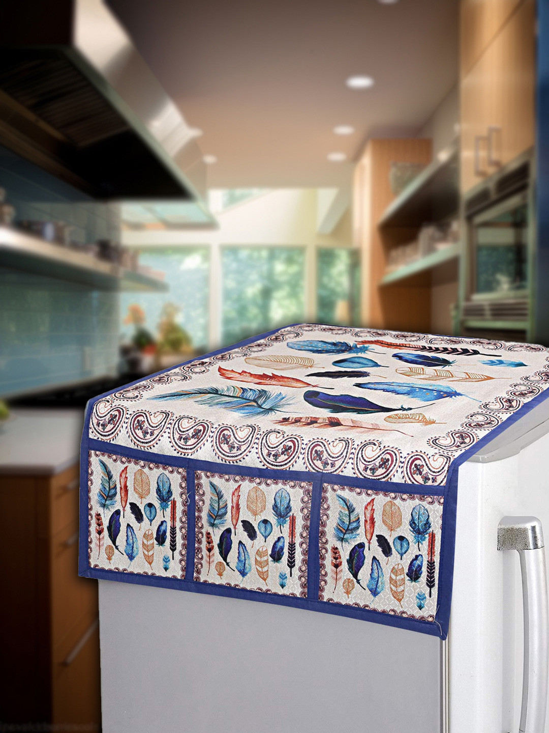 Kuber Industries Cream & Blue Fridge Top Cover With 6 Utility Side Pockets Fridge Cover