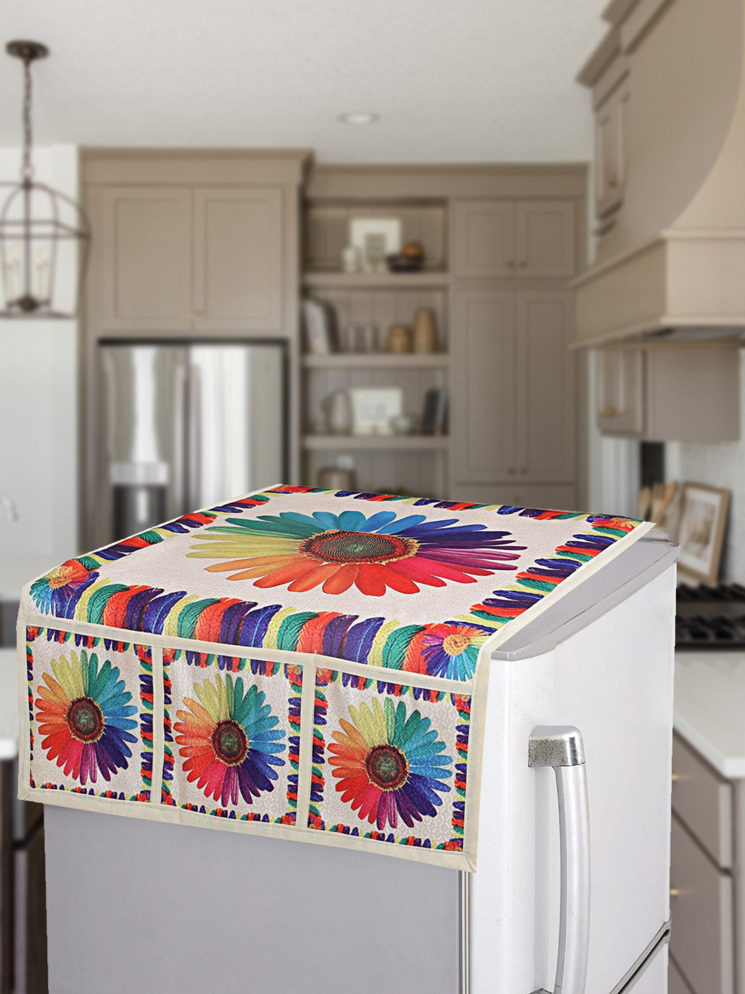 Kuber Industries Cream Colored & Blue Printed Fridge Top Cover With 6 Utility Side Pocket