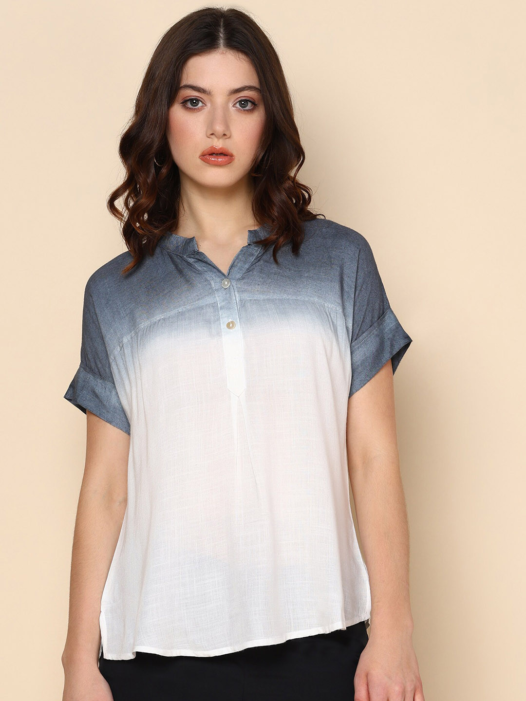 Maaesa White Tie & Dye Dyed Extended Sleeves Crepe Shirt Style Rayon Top
