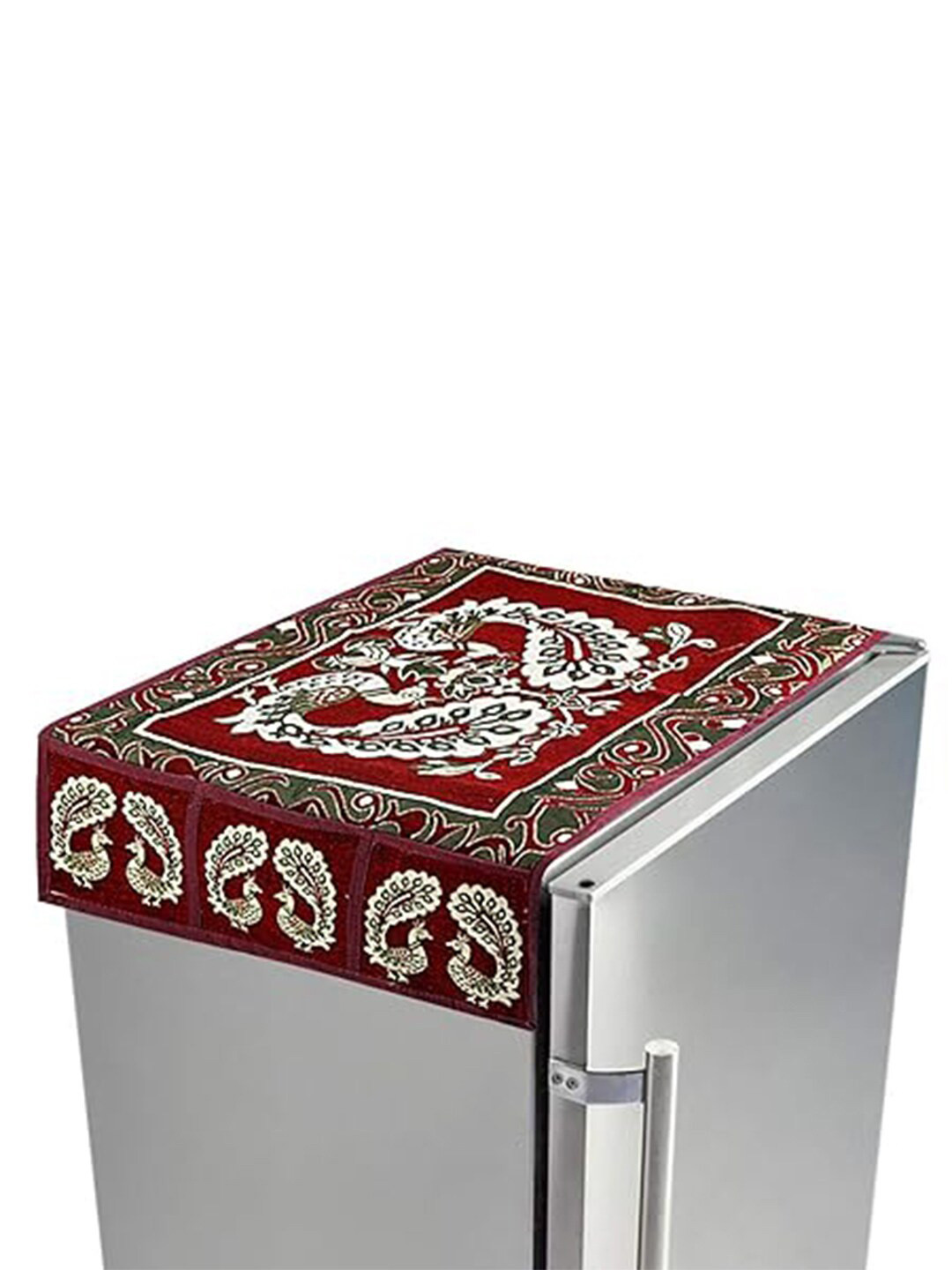 Kuber Industries Maroon Printed Refrigerator Top Cover With 6 Utility Pockets