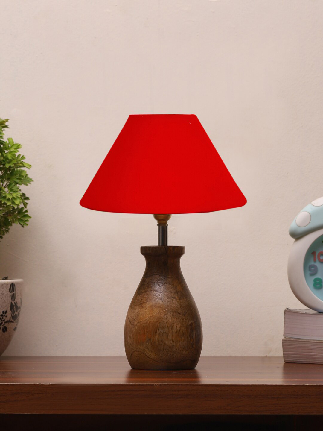 Devansh Red Cotton Table Lamp With Wooden Natural Base