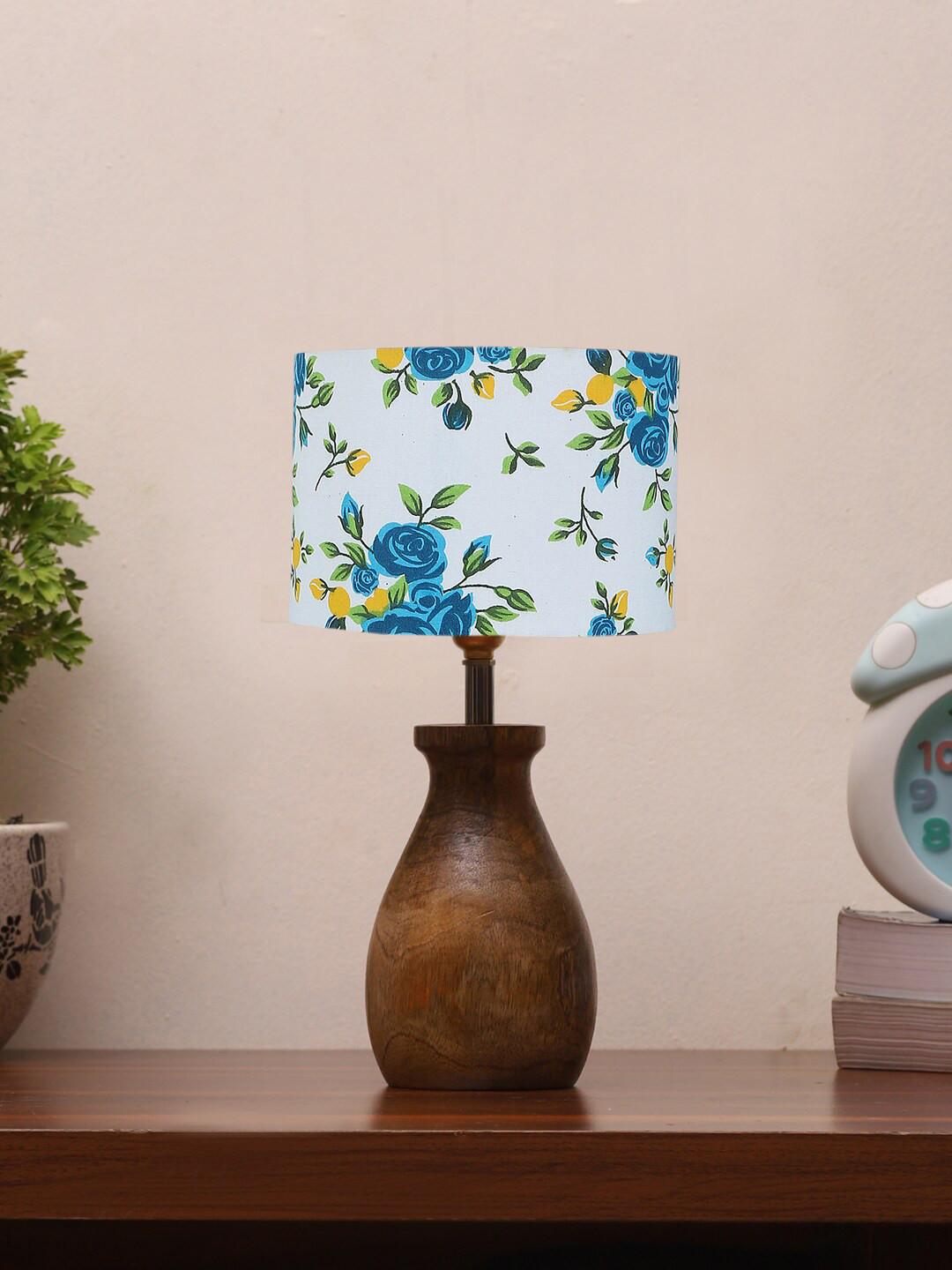 Devansh Brown & White Floral Printed Cotton Table Lamp With Wood Natural Base