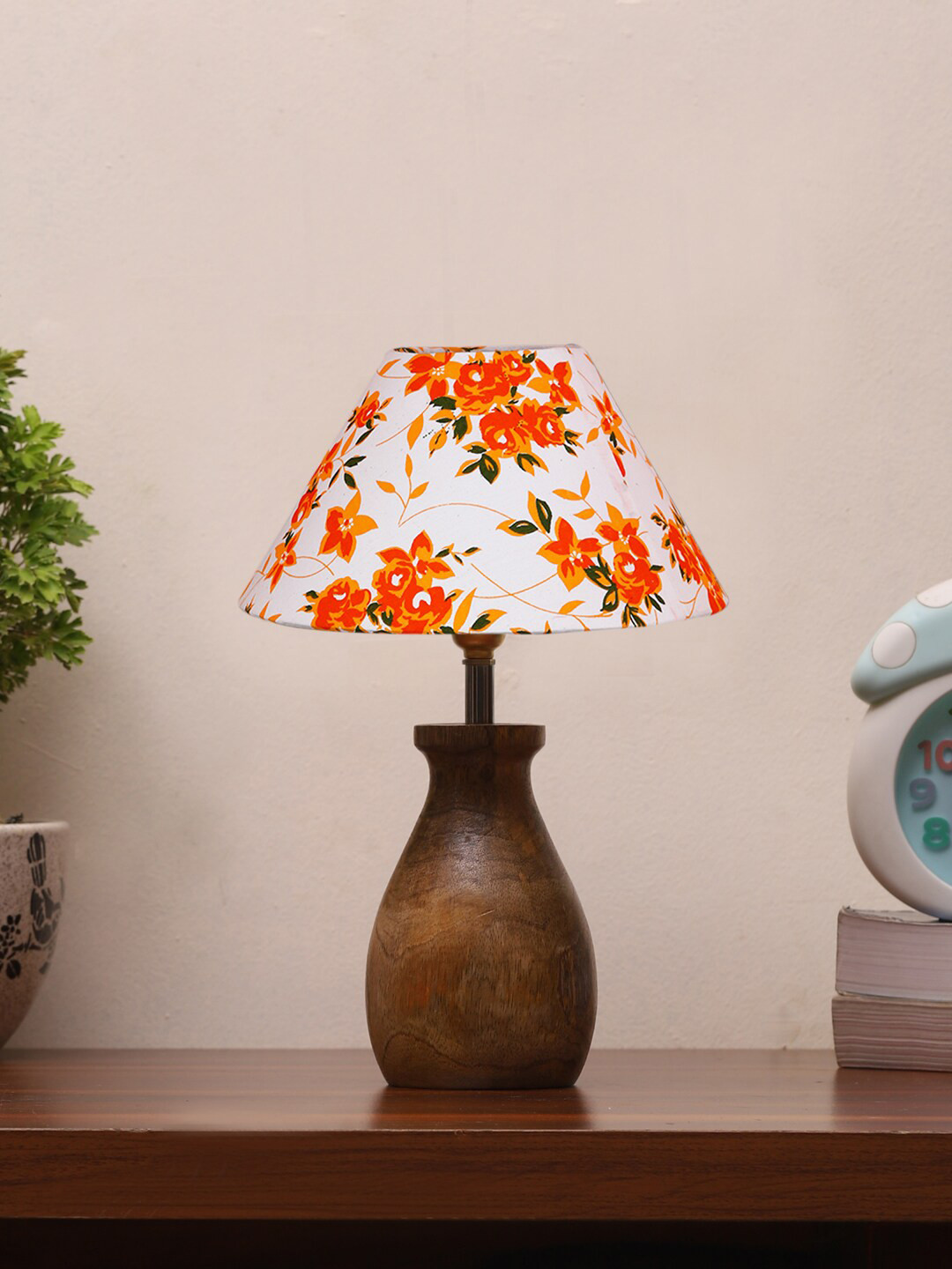 Devansh Brown & White Floral Printed Cotton Table Lamp With Wood Natural Base