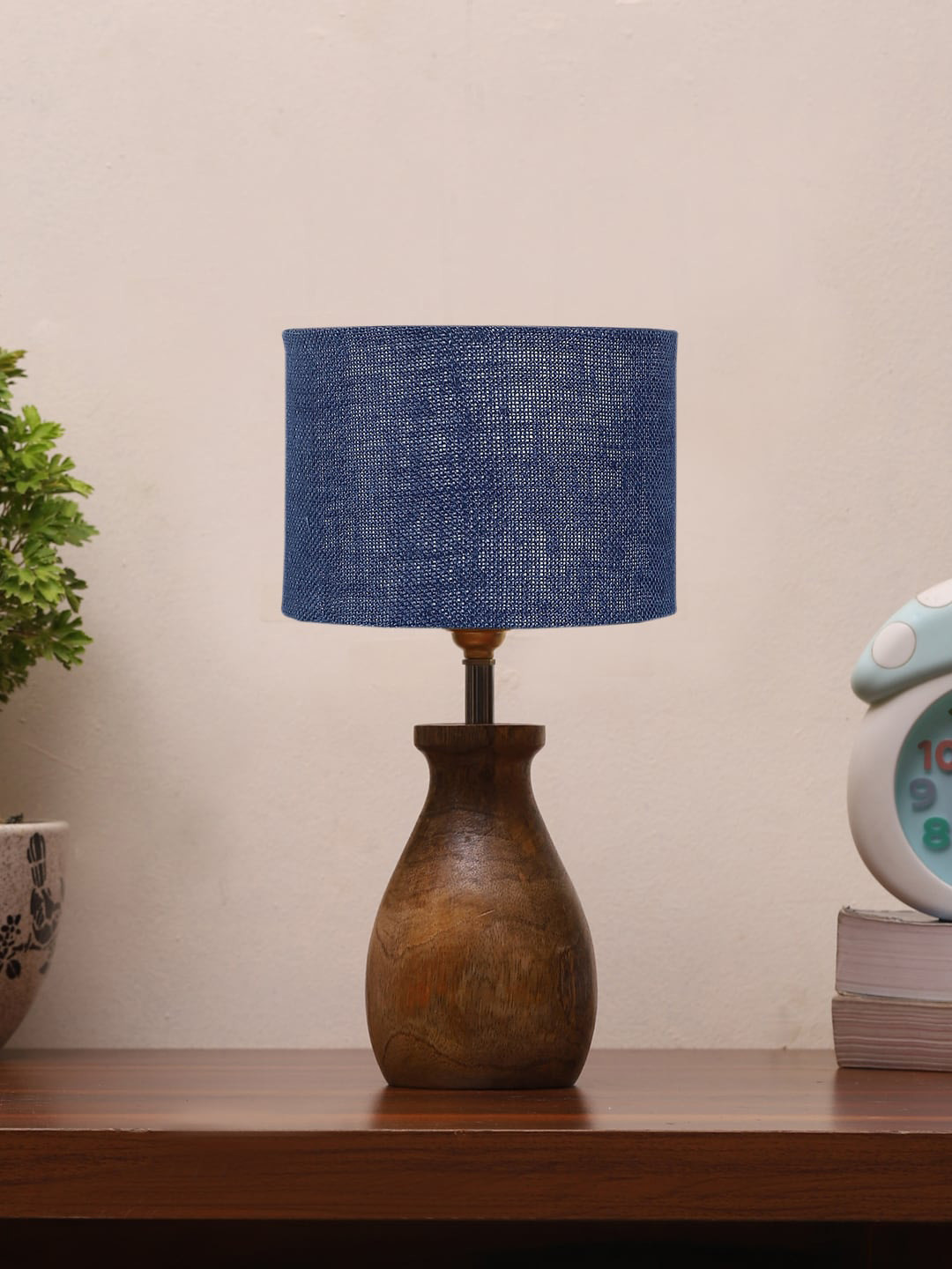 Devansh Blue Jute Table Lamp With Wooden Natural Base