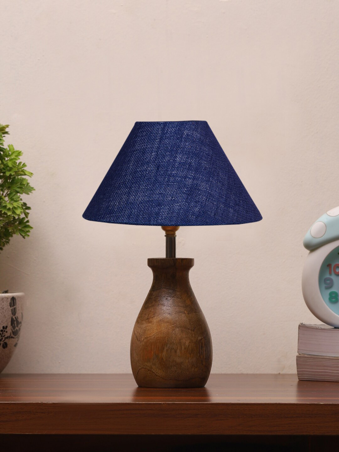 Devansh Blue Jute Table Lamp With Wooden Natural Base