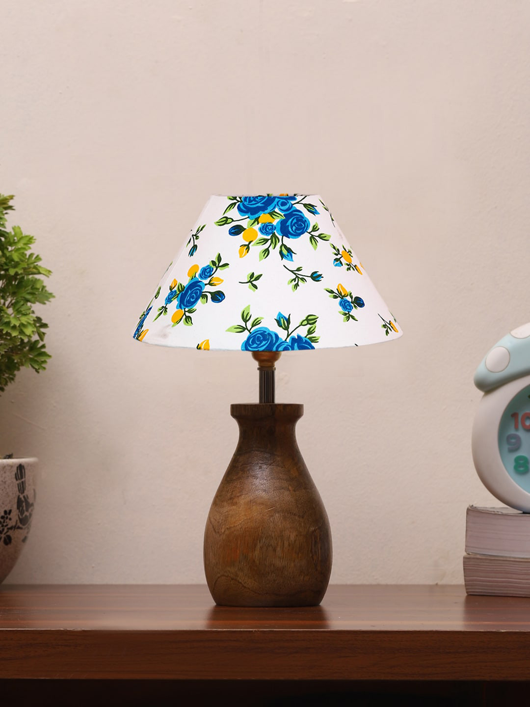 Devansh White & Blue Jute Table Lamp With Wooden Natural Base