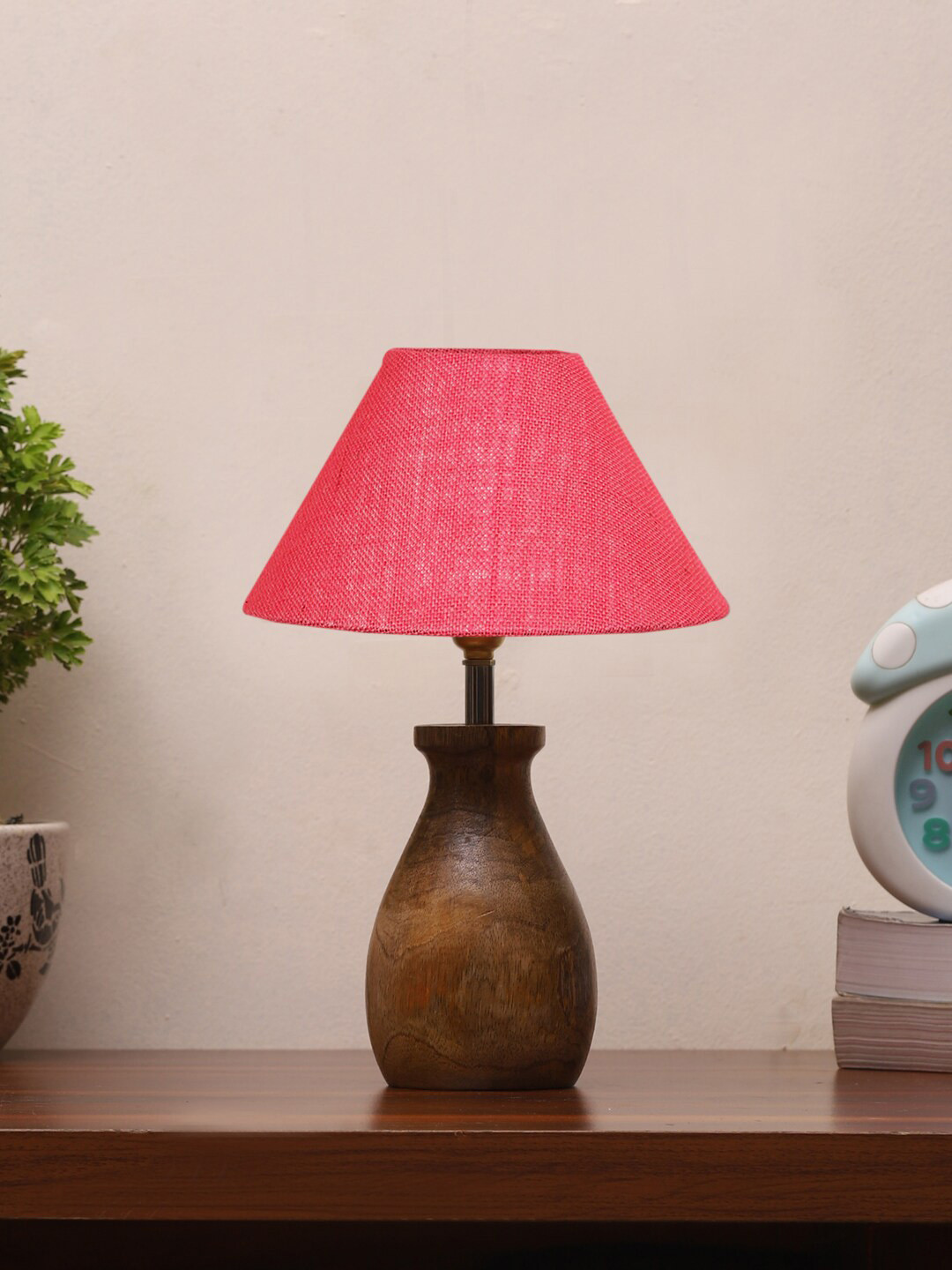 Devansh Pink Jute Table Lamp With Wood Base
