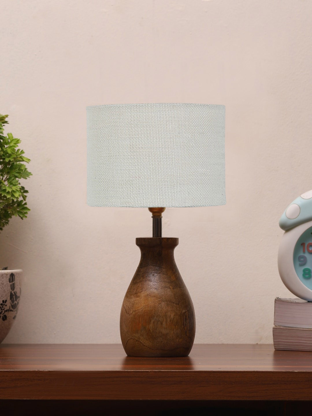 Devansh White Jute Table Lamp With Wooden Natural Base
