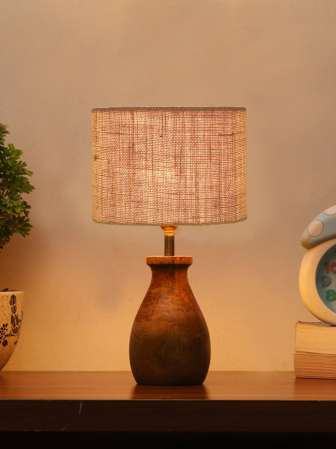 Devansh Beige Table Lamp With Wood Natural Base