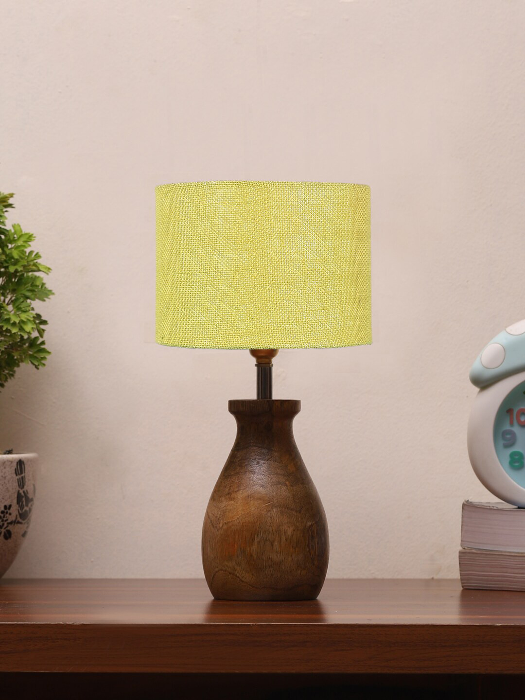 Devansh Yellow Jute Table Lamp With Wooden Natural Base