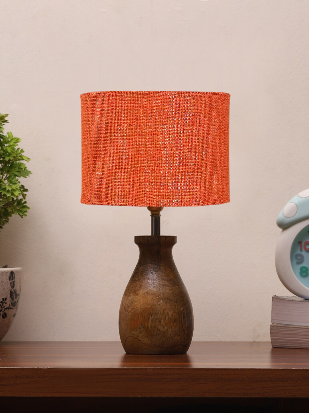 Devansh  Orange Jute Table Lamp With Wooden Natural Base With Wooden Base