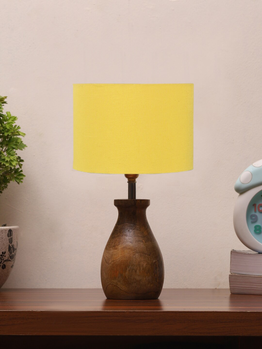 Devansh Yellow Jute Table Lamp With Wooden Natural Base