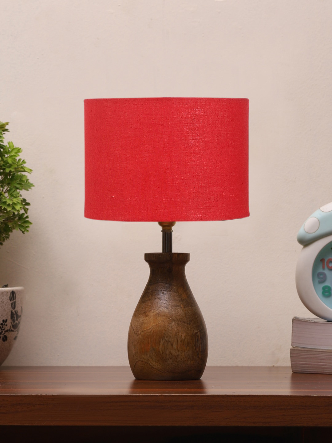 Devansh Red Jute Table Lamp With Wooden Natural Base