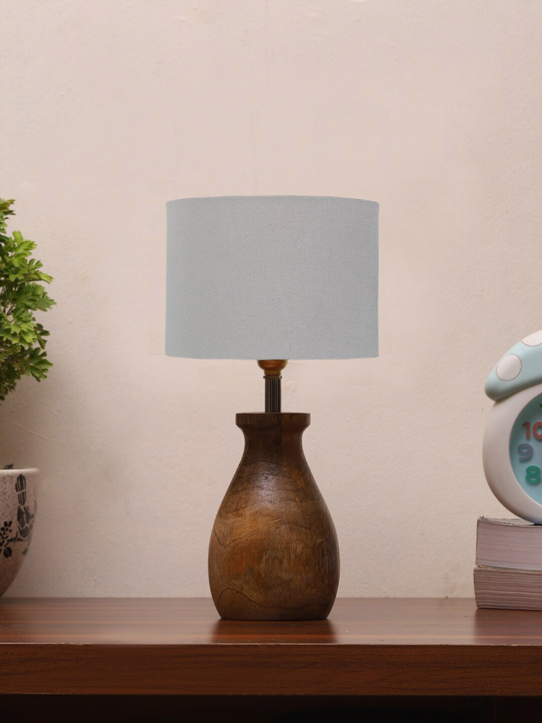 Devansh Grey & Brown Cotton Table Lamp With Wooden Natural Base
