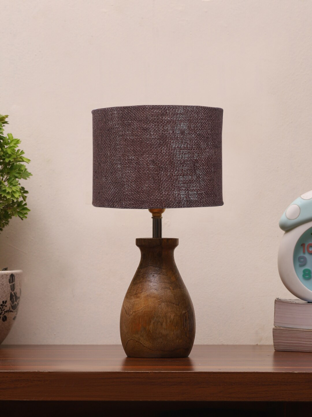 Devansh Brown Jute Table Lamp With Wooden Natural Base