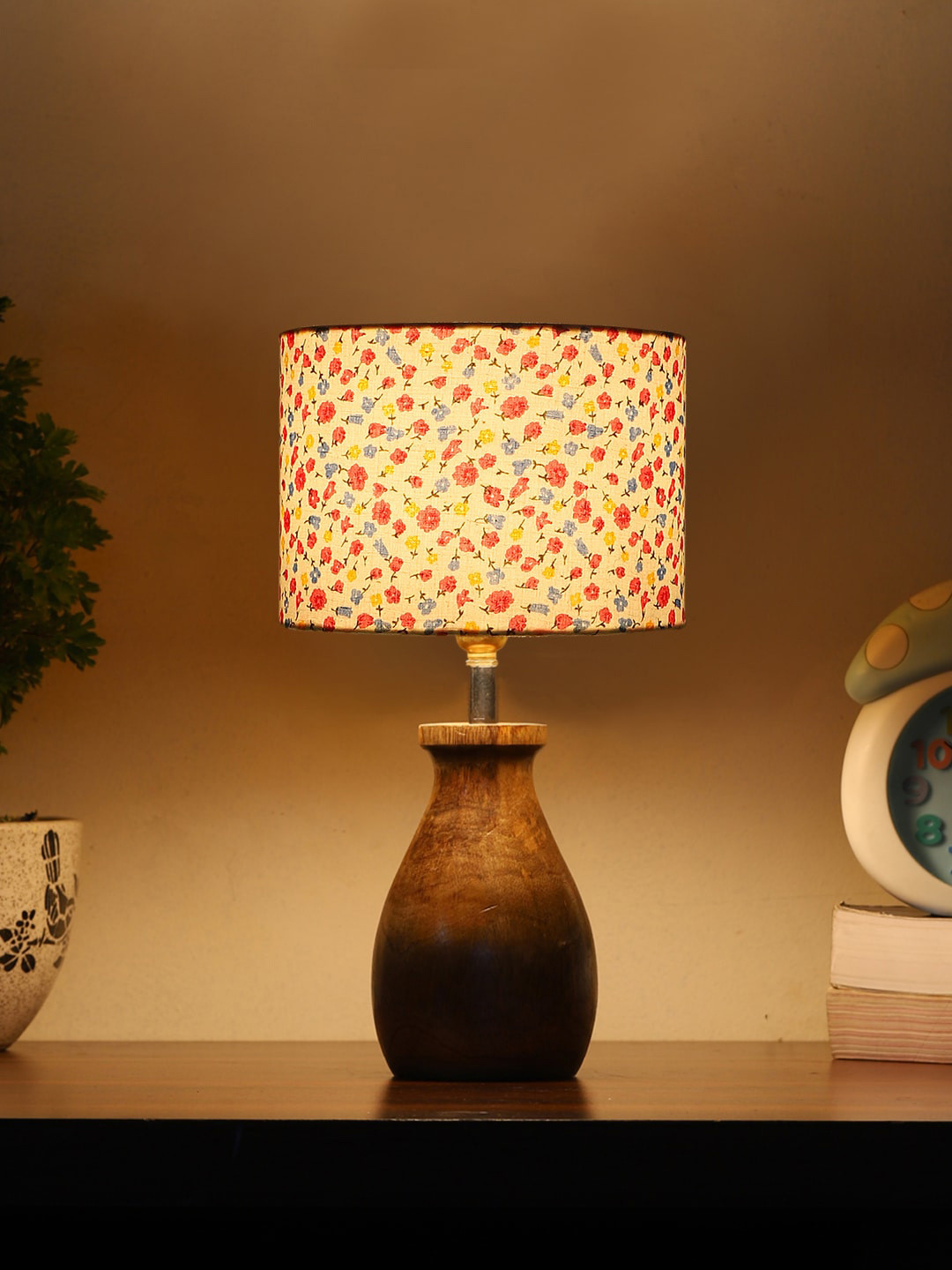 Devansh White & Pink Cotton Table Lamp With Wooden Natural Base