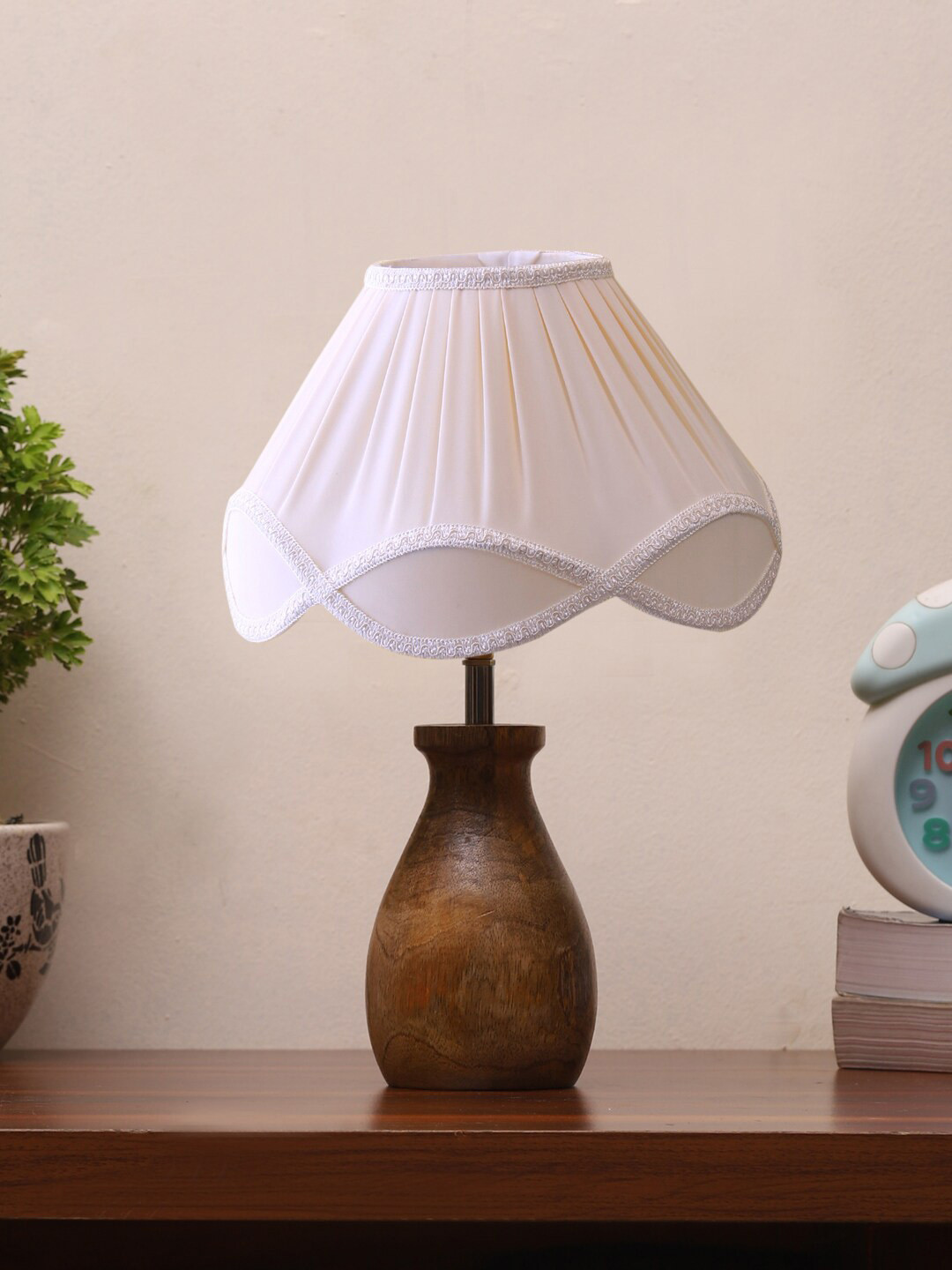 Devansh Off White Vintage Cotton Table Lamp With Wooden Natural Base