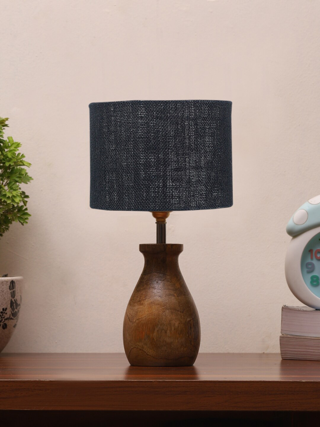 Devansh Black & Brown Jute Table Lamp With Wood Natural Base