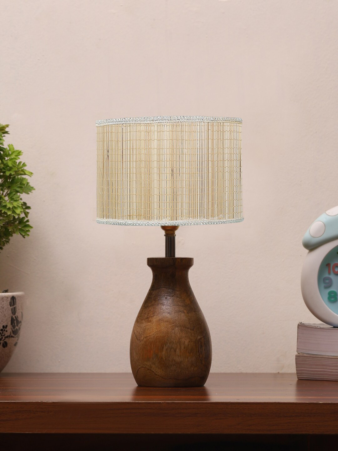 Devansh Beige & Brown Bamboo Table Lamp with Wooden Base