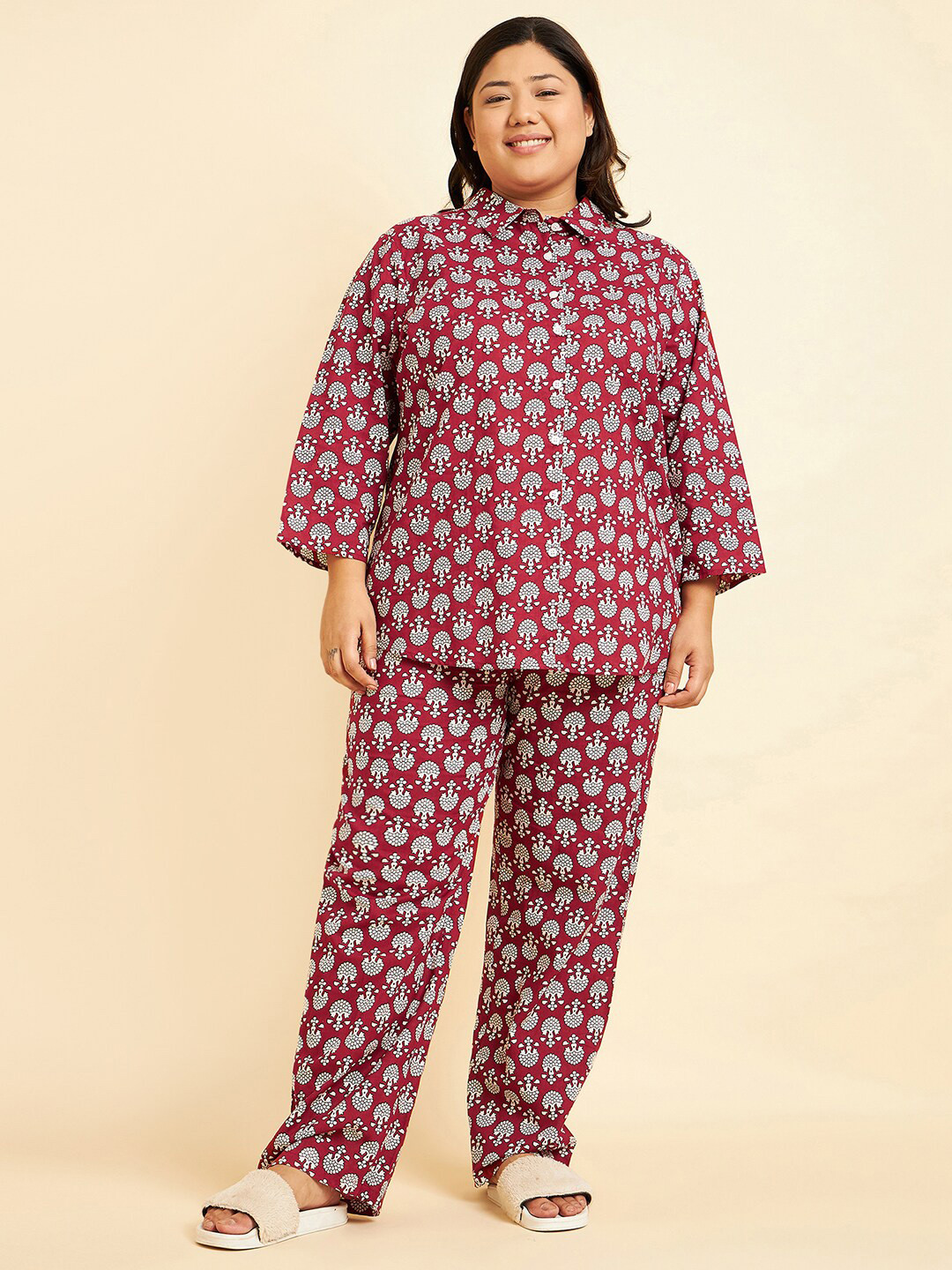 Sweet Dreams Red & White Ethnic Motifs Printed Pure Cotton Night Suit