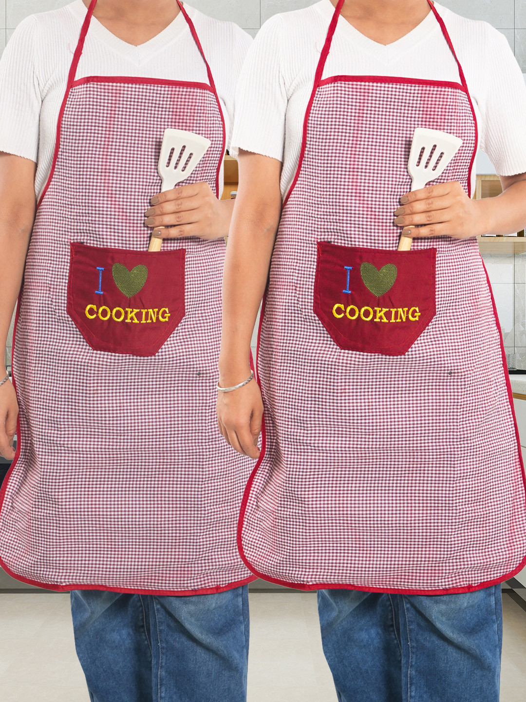 Kuber Industries Maroon & Blue Checked Pure Cotton Aprons