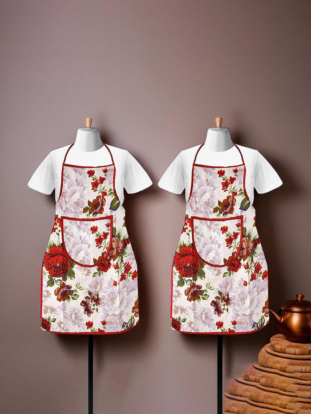 Kuber Industries Set of 2 Red & Cream Front Pocket Printed Waterproof Cotton Aprons
