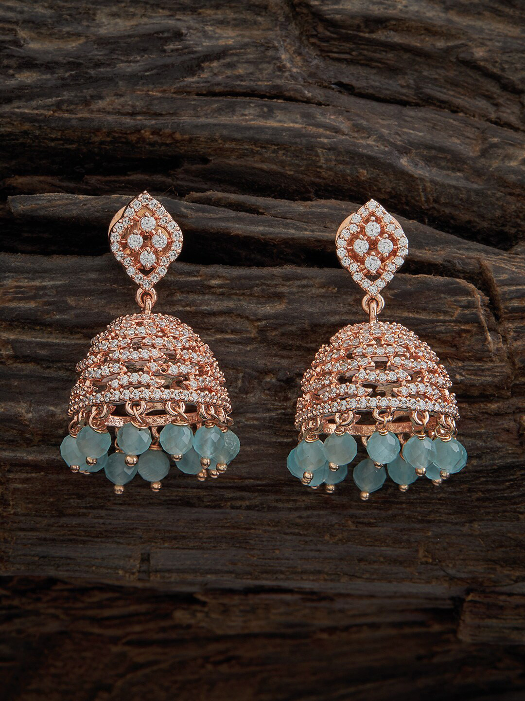 Kushal's Fashion Jewellery Rose Gold Plated Dome Shaped Zircon Embellished Bridal Jhumkas