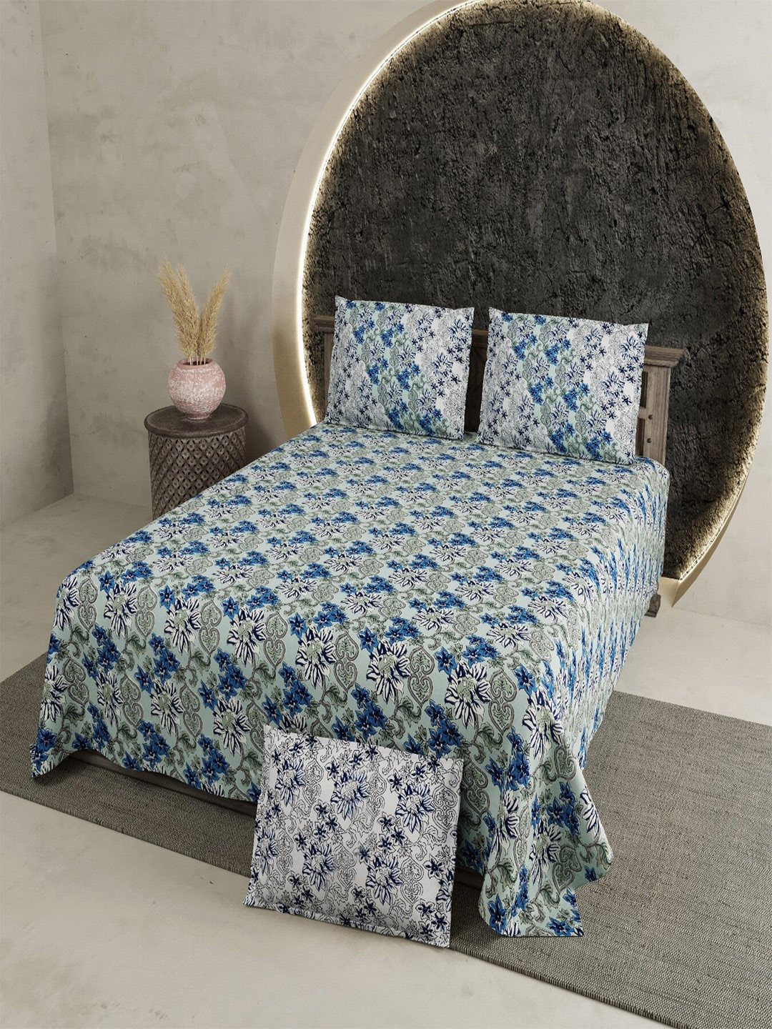 JAIPUR PRIME Jaipuri Green Floral Pure Cotton 210 TC King Fine Bedsheet with 2 Pillow Covers-106 x 106 inches