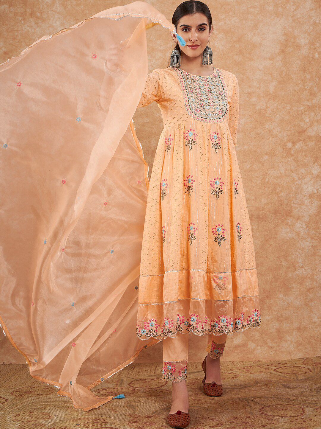 all about you Orange-Coloured Ethnic Motifs Embroidered Pure Cotton Anarkali Kurta Set