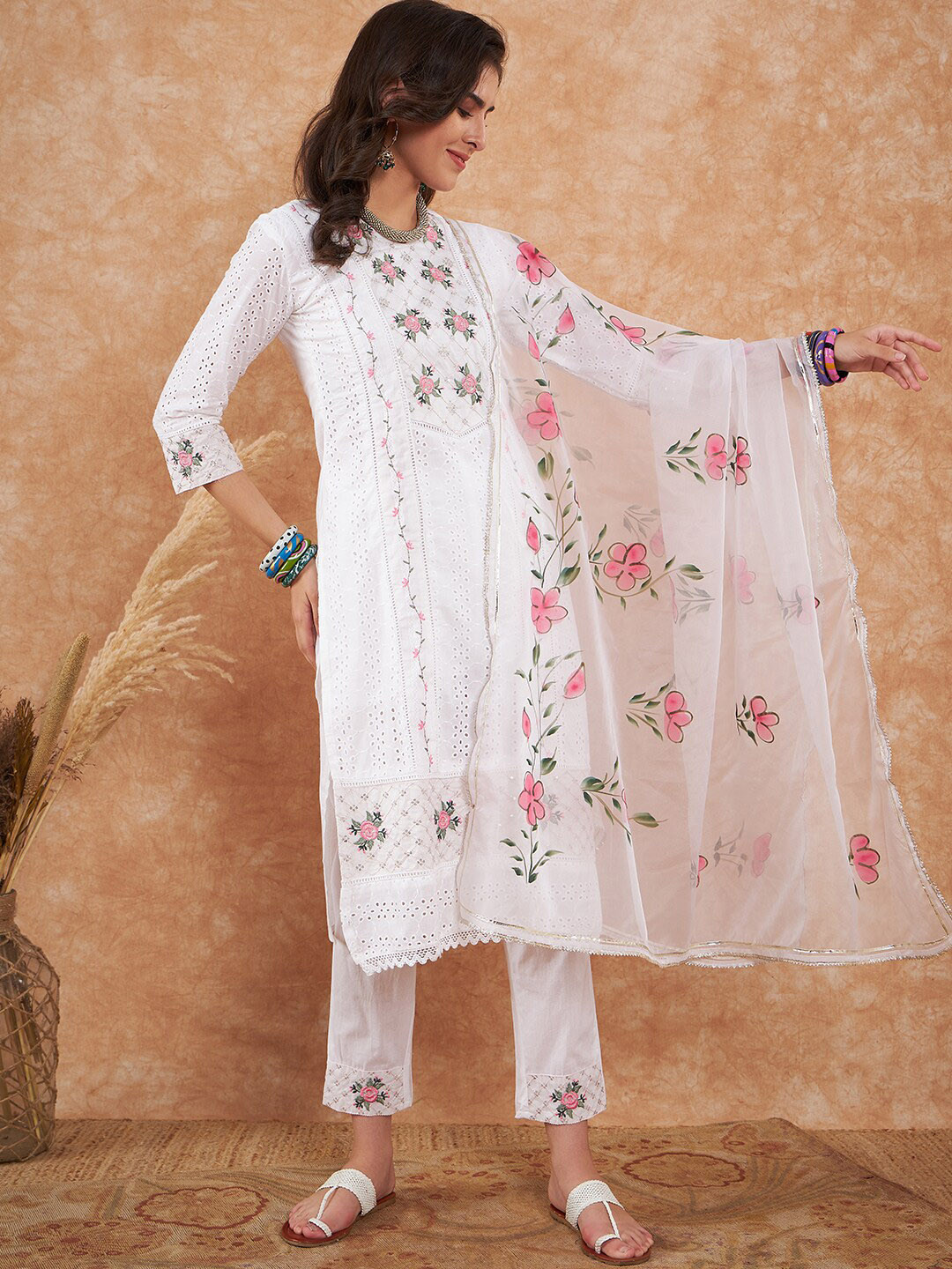 all about you White Floral Embroidered Schiffli Pure Cotton Straight Kurta Set