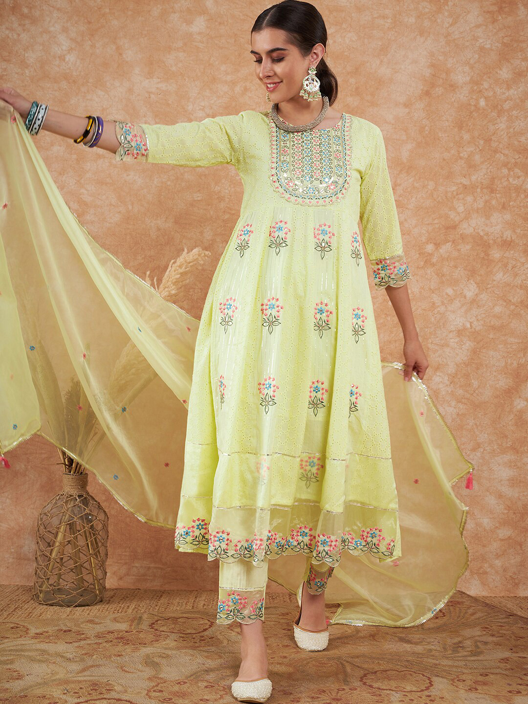 all about you Yellow Ethnic Motifs Embroidered Schiffli Pure Cotton Anarkali Kurta Set