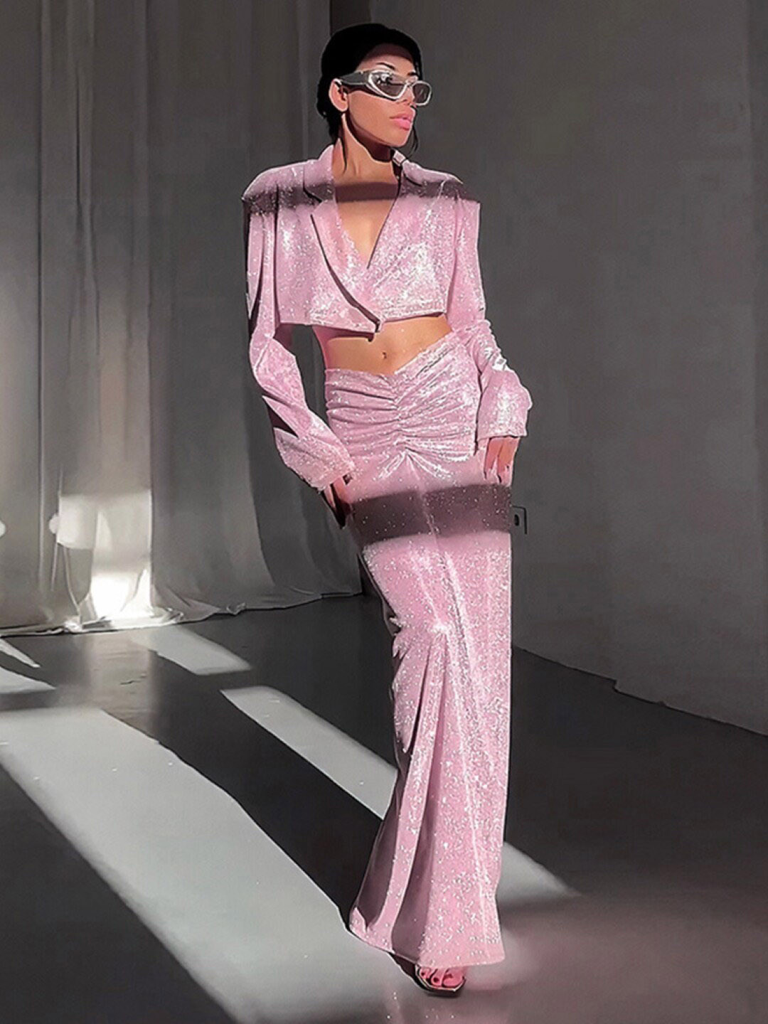 StyleCast Pink Embellished Shirt Collar Blazer & Skirt