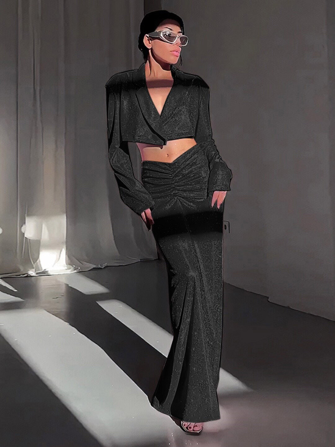 StyleCast Black Shirt Collar Long Sleeve Blazer & Skirt