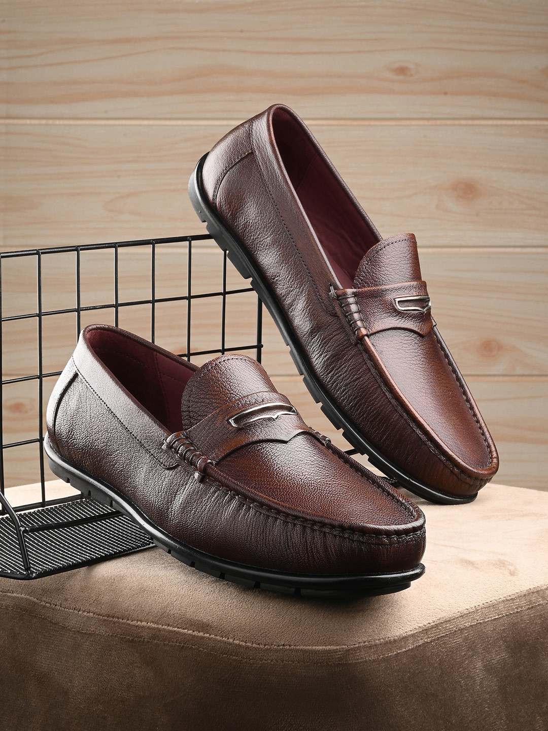 San Frissco Men Cherry Leather Horsebit Loafers Memory Foam Anti-Slip Semi-Formal Shoes