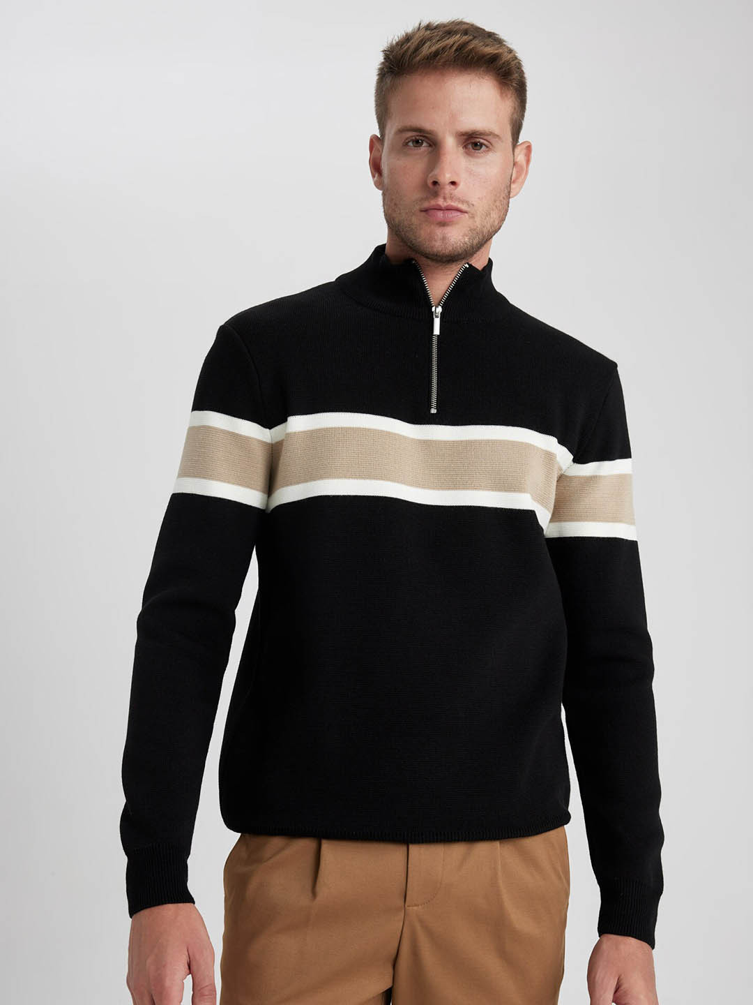 DeFacto Striped Mock Collar Half Zipper Acrylic Pullover Sweater