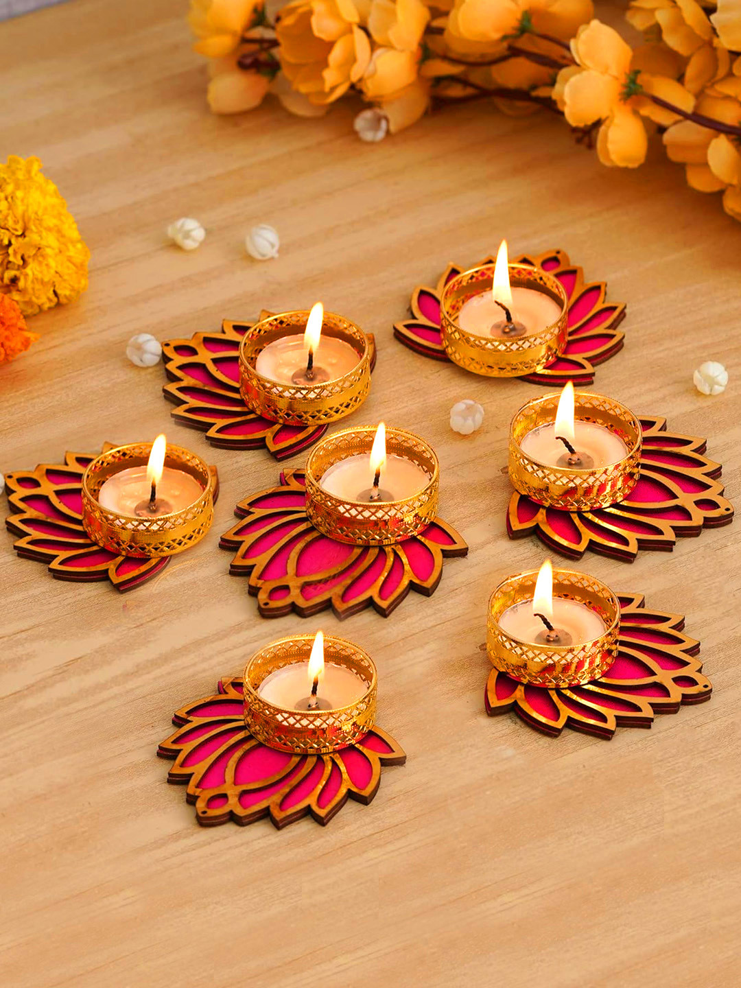 TIED RIBBONS Pink 7 Pieces Lotus Tealight Candle Holders