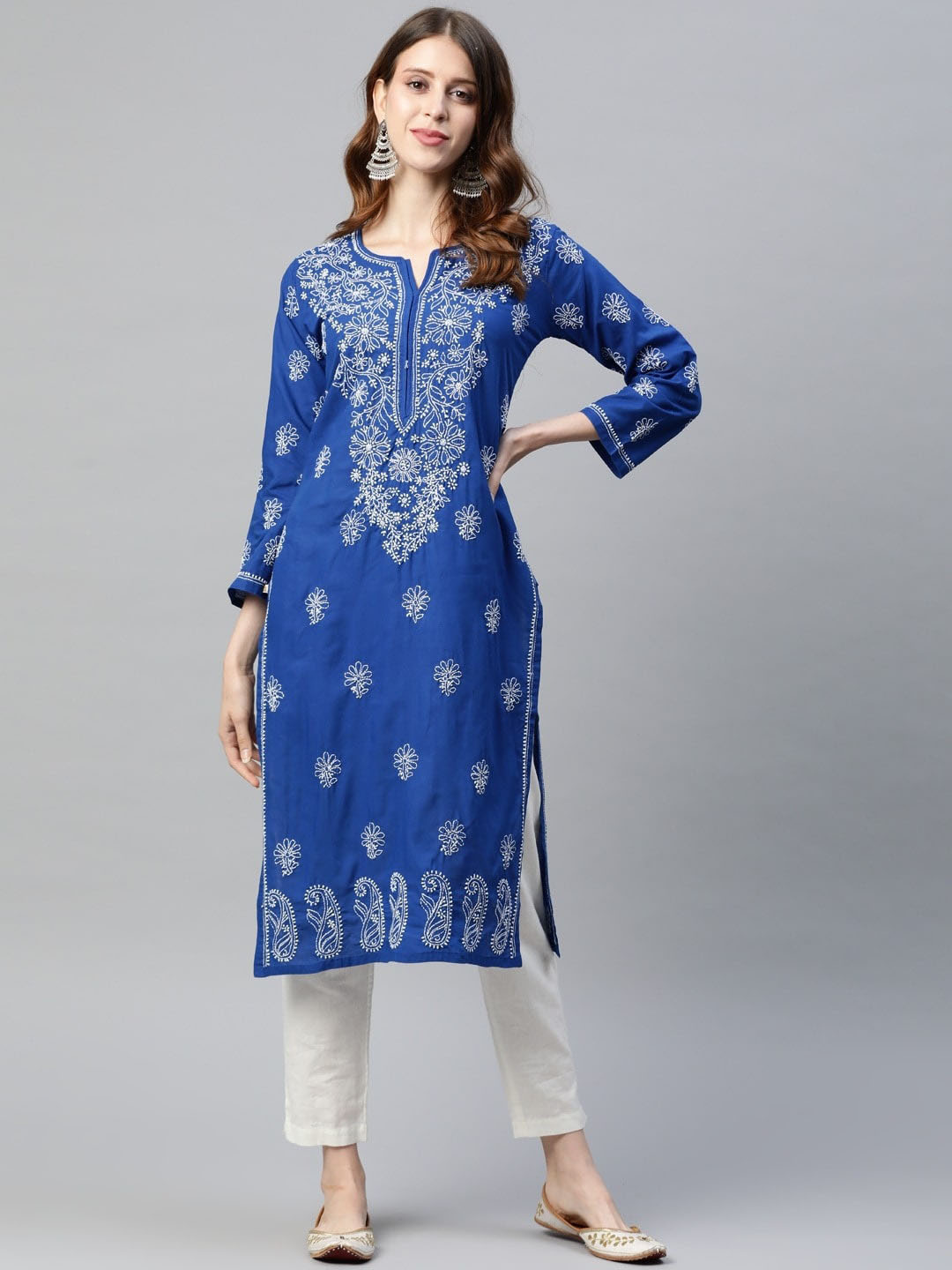 ADA Ethnic Motifs Blue & White Cotton Lucknowi Chikankari Kurta