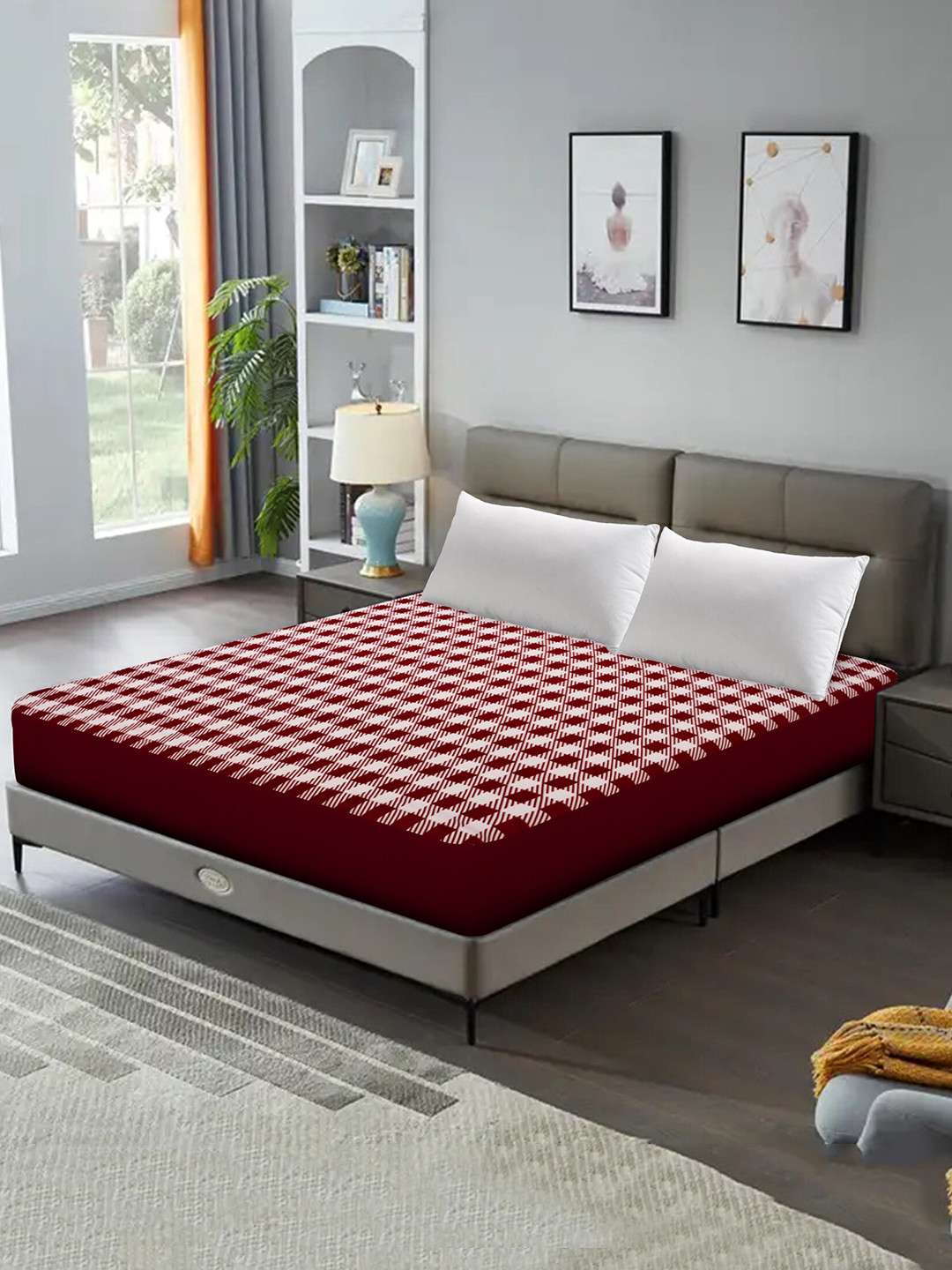 DREAM CARE  Maroon & White Checked King Size Bed Mattress Protector