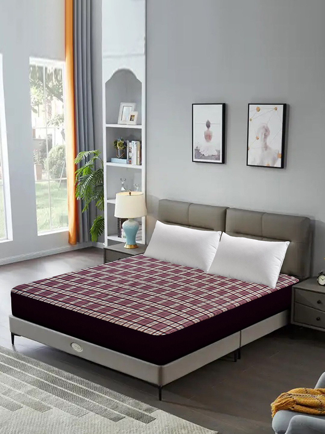 DREAM CARE Maroon & White Checked King Size Bed Mattress Protector