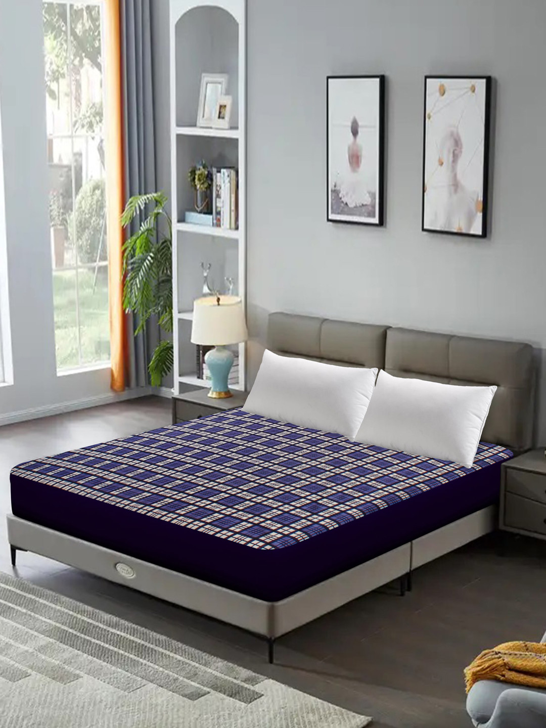 DREAM CARE Blue & White Checked King Size Bed Mattress Protector